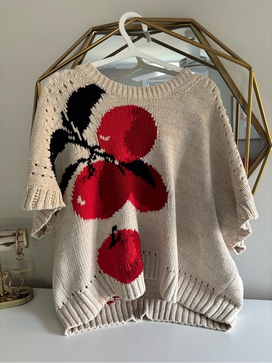 Maeve Sweaters - Maeve Cream Knit Sweater with Red Cherry Graphic
